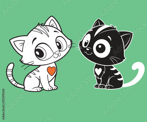Cute Cartoon Cats' Affectionate Moment: Two adorable cartoon cats, one in black and white and the other in a monochrome palette, sharing a sweet moment of affection with loving hearts displayed