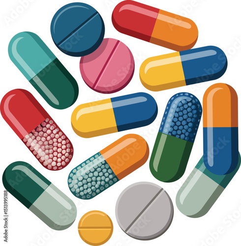 Colorful Pill and Tablet Assortment on White Background, Healthcare and Medication Concept.