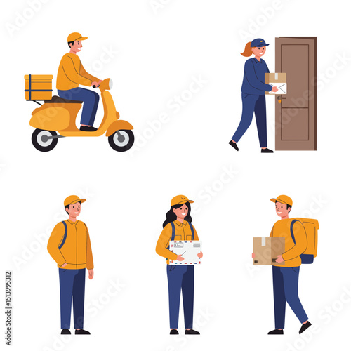Delivery service workers flat vector illustrations set. Couriers, postman, deliveryman with order, parcel cartoon characters isolated on white background