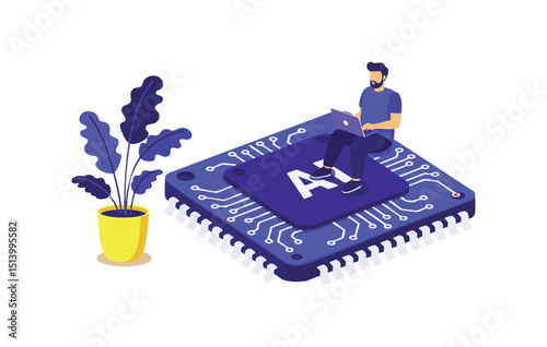 AI Development A Flat Illustration Depicting a Programmer Working on Artificial Intelligence with a Laptop on a Microchip, Representing Technological Advancement in AI and Software Engineering.