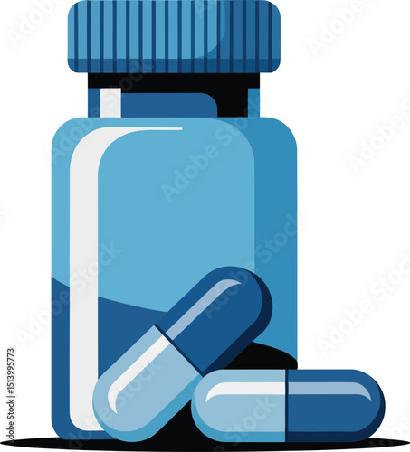 Blue Medicine Bottle Illustration with Capsules, Healthcare, and Medical Treatment