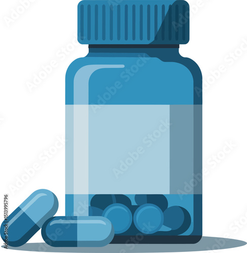 Blue Pill Bottle with Capsules: Healthcare, Medicine, Treatment, and Pharmaceutical Concept.