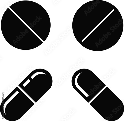 Medical Pills and Capsules Icon Set: Black and White Vector Illustration