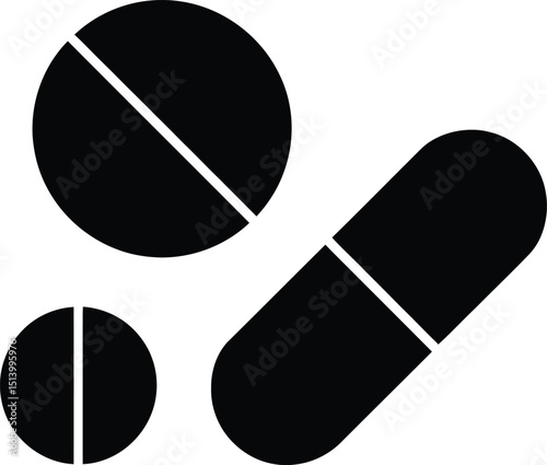 Simple Black and White Pill and Capsule Vector Illustration for Medical Design.