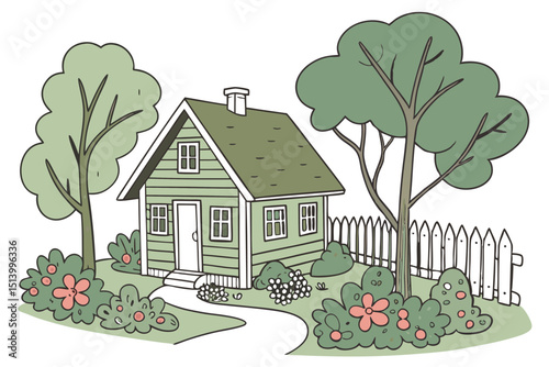 Green House with Garden Trees Minimal Vector Art
