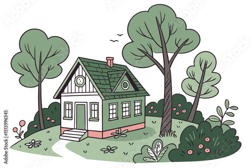 Cozy Green Cottage with Garden Trees on White