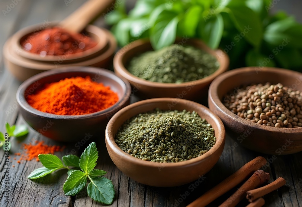 Variety of fresh herbs and spices arranged in bowls for healthy cooking Variety of fresh herbs and spices arranged in bowls for healthy cooking