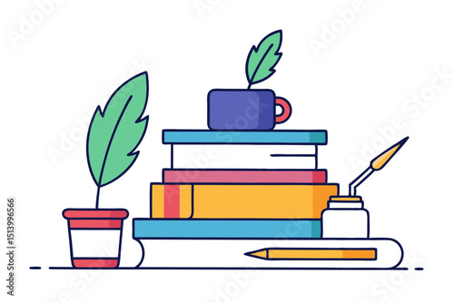 Book Stack and Ink Pen Line Sketch Vector