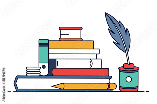 Vintage Writing Tools with Books Line Art
