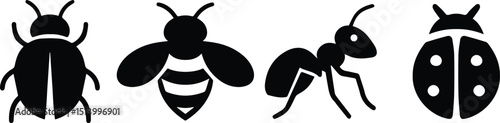 Black silhouette icons of common insects like bugs, bees, ants, and ladybugs for nature, biology, and pest control designs