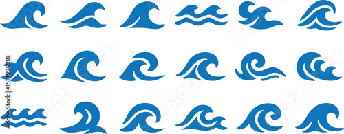 Blue stylized wave and sea icons representing ocean water, marine elements, fluidity, and aquatic design illustrations