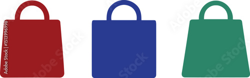 Simple shopping bag icons in red, blue, and green representing retail, e-commerce, online shopping, and consumerism visuals
