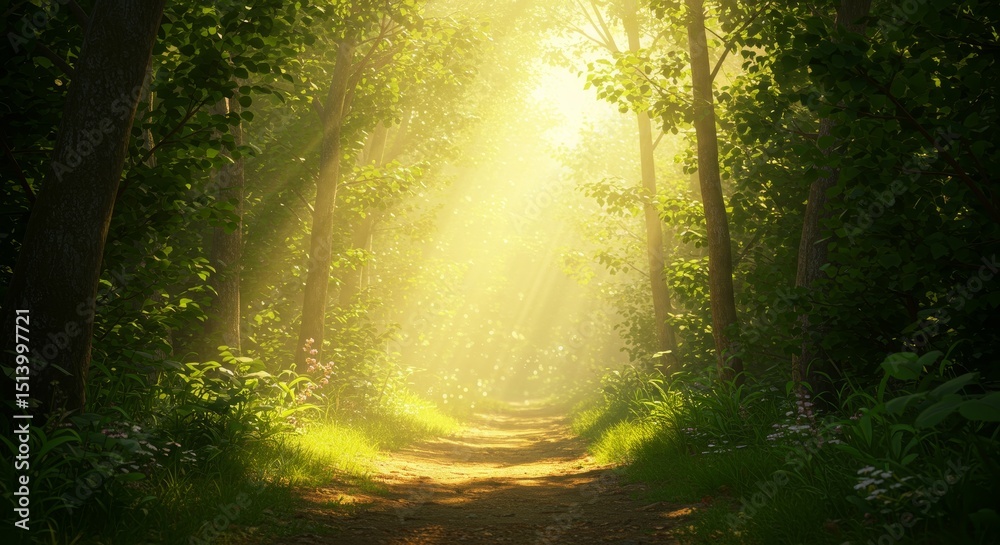Fototapeta premium Sunlit Forest Path - A sun-dappled path winds through a mystical forest, symbolizing hope, journey, discovery, serenity, and nature's magic