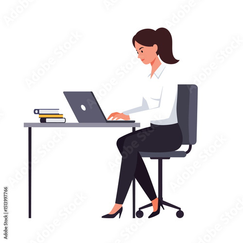 working at her desk at home. She has a lot of work. working with laptop at her work desk and testing ui and ux. Vector illustration of student studying at home.
