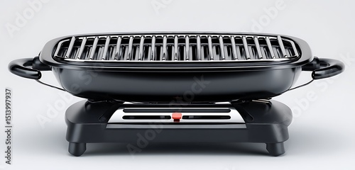A close up studio shot of a black electric grill with a chrome grate on a white background