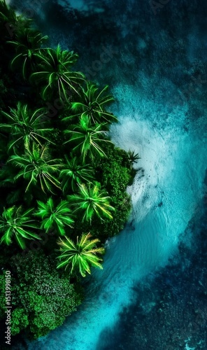 Tropical Forest from Above
Title: Aerial View of Tropical Forest and Lagoon

Description: Lush green tropical forest with turquoise lagoon seen from above, showcasing untouched natural beauty.