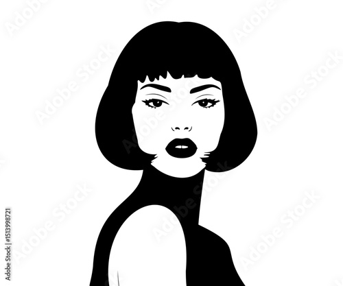 Vector illustration of a stylish young woman with a short black bob haircut and bold lipstick. Modern minimalist portrait, chic fashion character, and elegant graphic design for contemporary projects.