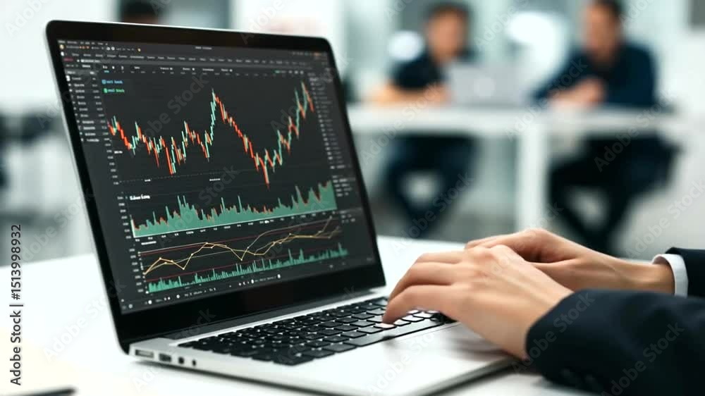Stock charting on a laptop with a traders hands at the ready in a fastpaced financial workspace Stock charting on a laptop with a traders hands at the ready in a fastpaced financial workspace