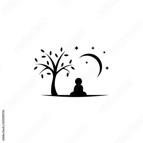 child sitting under a tree while enjoying the view of the crescent moon and stars with a flat logo design style