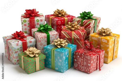 A collection of wrapped christmas presents with bows on a white background studio shot