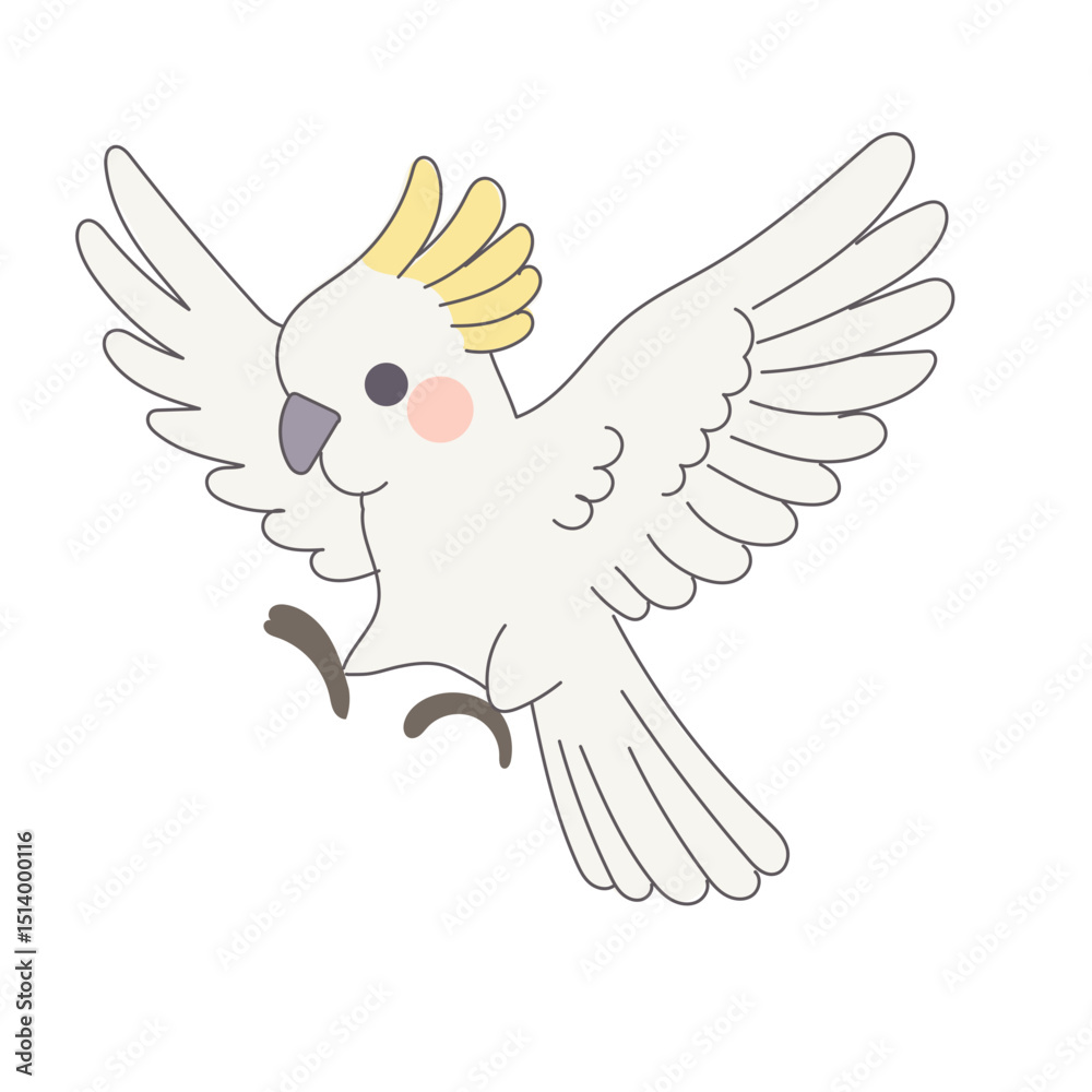 Naklejka premium White Cackatoo Parrot Bird Cartoon Character. Funny Cute Doodle Bird Icon. Exotic Mascot Outline Design. Baby Kid Nursery Room Decoration. Positive Kawaii Adorable Cartoon Character Portrait