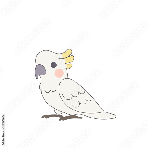 White Cackatoo Parrot Bird Cartoon Character. Funny Cute Doodle Bird Icon. Exotic Mascot Outline Design. Baby Kid Nursery Room Decoration. Positive Kawaii Adorable Cartoon Character Portrait