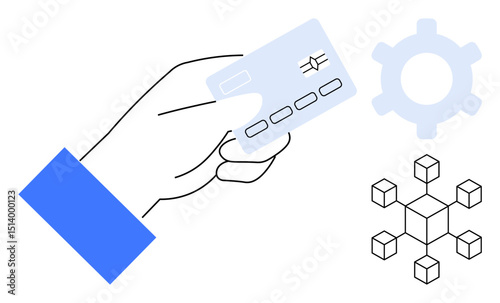 Hand holding credit card beside blockchain network and gear, conveying financial technology concepts. Ideal for payment systems, fintech, blockchain, innovation, technology, transactions, e-commerce
