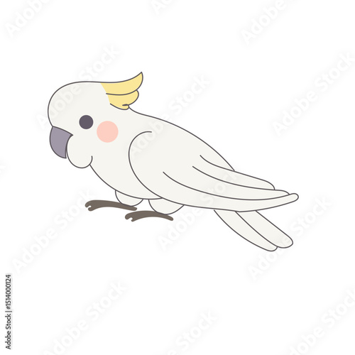 White Cackatoo Parrot Bird Cartoon Character. Funny Cute Doodle Bird Icon. Exotic Mascot Outline Design. Baby Kid Nursery Room Decoration. Positive Kawaii Adorable Cartoon Character Portrait