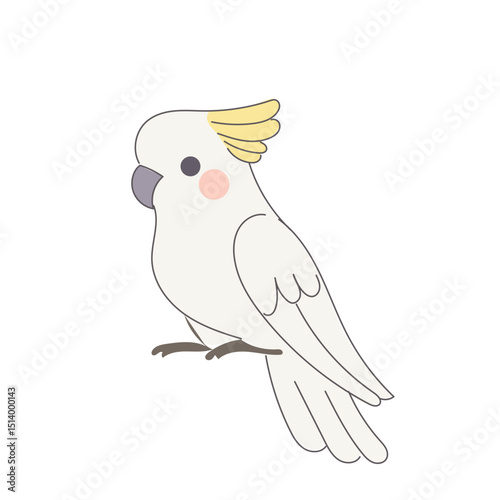 White Cackatoo Parrot Bird Cartoon Character. Funny Cute Doodle Bird Icon. Exotic Mascot Outline Design. Baby Kid Nursery Room Decoration. Positive Kawaii Adorable Cartoon Character Portrait