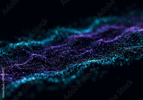 Abstract Waveform - Teal and purple particles form a dynamic wave pattern on a black background. Perfect for tech, data, or futuristic concepts