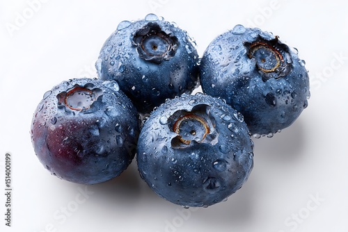 Close up shot of four blueberries covered in water droplets on a white background surface