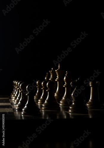 Strategic Chessboard Setup 2025-05-24 - A dimly lit chessboard, strategy, competition, victory, planning. The symbolizes strategic thinking, calculated moves, decisive actions, and ultimate triumph
