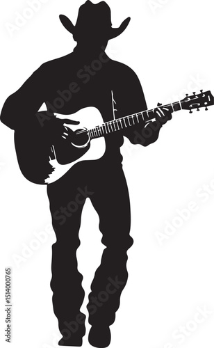 Cowboy Playing Guitar Silhouette Vector Illustration on Transparent Background