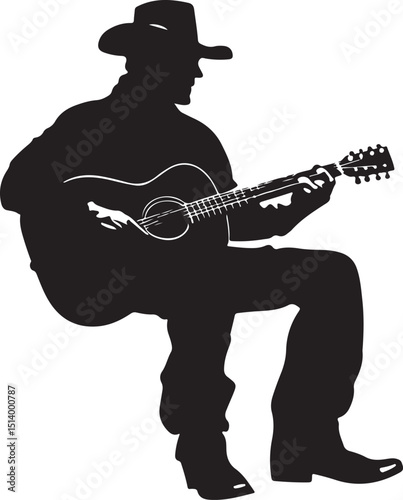 Cowboy Playing Guitar Silhouette Vector Illustration on Transparent Background