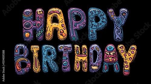 Illustrated happy birthday text with colorful patterns on a black background design art