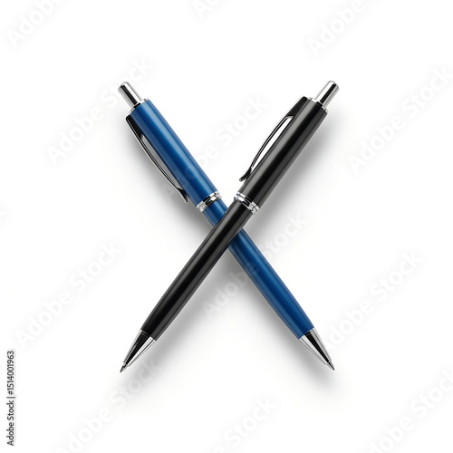 Crossed blue and black ballpoint pens on a white background  