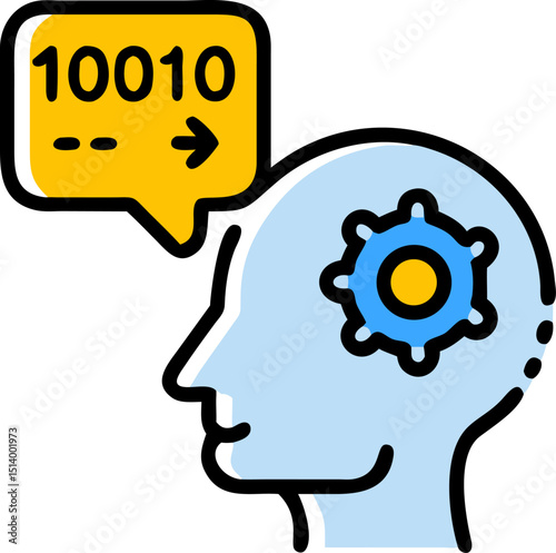 Tech - Brain Icon with Binary Code. Features a head with gears and a binary code speech bubble. Editable shapes. Vector illustrations.