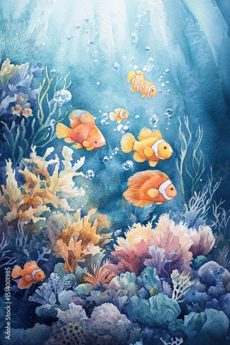 Group of vibrant clownfish swim through a colorful coral reef illustrated in a soft watercolor style with sunlight filtering from above photo