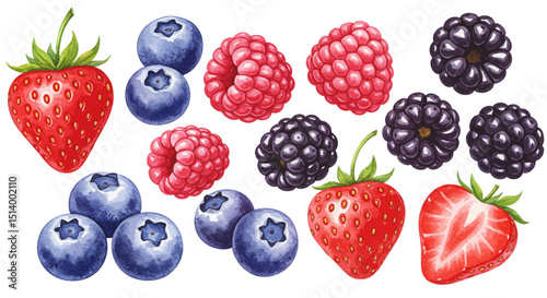 Watercolor Illustration Featuring Vibrant Blueberries Raspberries Blackberries And Strawberries Displayed On A Light Background With Delicate Brushwork