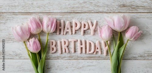 Happy birthday message with pink tulips on a white wooden surface in a flat lay style shot