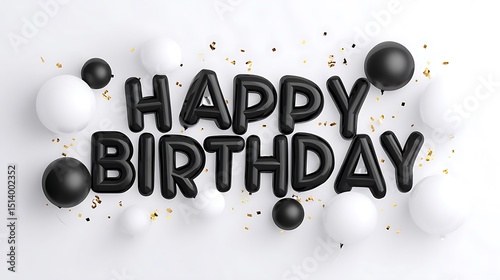 Happy birthday text with black balloon letters and white balloons on a white background