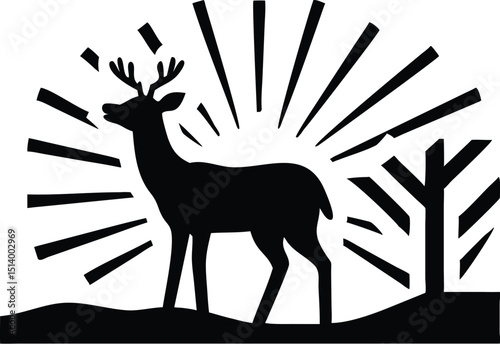 Deer Silhouette with Sun Rays in Forest Landscape