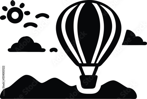 Hot Air Balloon Over Landscape at Sunrise – Minimalist Black and White Icon