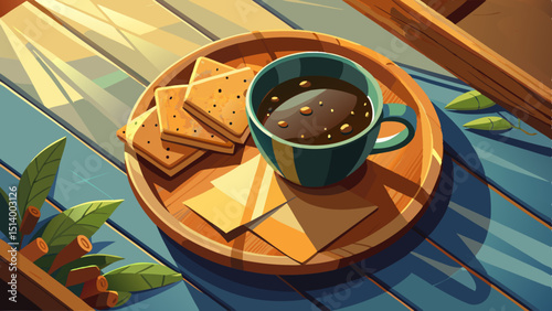 From above of ceramic cup of tasty coffee near crunchy crackers on wooden plate in cafe in sunlight