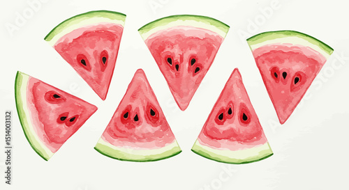 Watercolor Painting Of Fresh Watermelon Slices Arranged In A Visually Appealing Pattern Creating A Sense Of Summer Refreshment And Playful Artistry