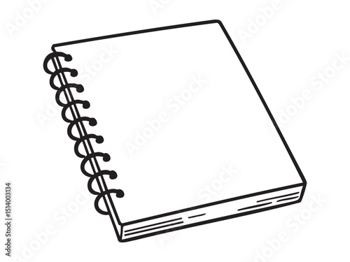 Black and white outline spiral notebook with blank pages, isolated on white background, graphic illustration. concept of office supplies, note-taking, journaling, stationery, design element