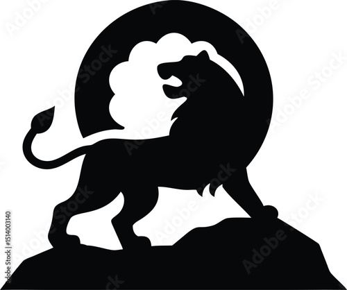 Majestic Lion Standing on Rock Silhouette with Moon Vector Art