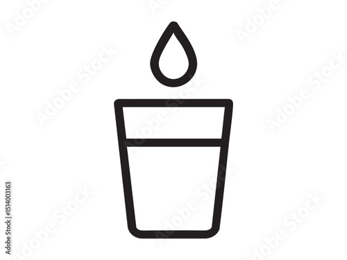 Black outline of a water drop above a drinking glass, isolated on white background, graphic illustration. concept of hydration, beverage, drinking water, purity, icon, design element