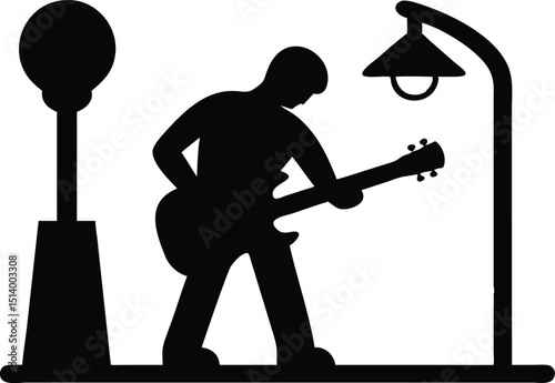 Street Musician Playing Guitar Silhouette Vector Illustration