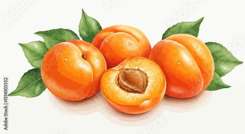 Watercolor Illustration Showing A Group Of Ripe Apricots With Green Leaves Emphasizing Their Vibrant Colors And Fresh Juicy Appearance Using Soft Textures